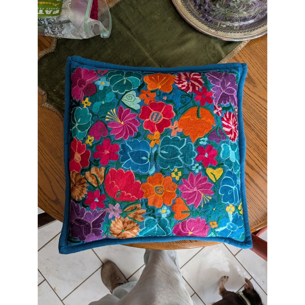 Embroidered Floral Blue Pillow Cover Only 25" Colorful Square Folk Art
